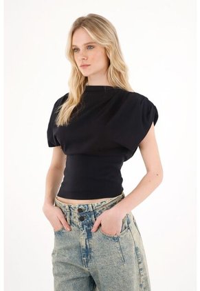 Tennis Camiseta Con Drapeado En Hombros Negra Para Mujer