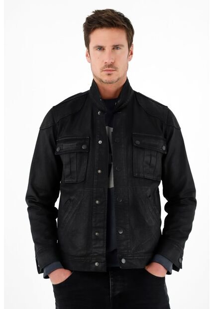 Abrigo Negro En Denim Efecto Cuero Para Hombre