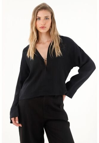 Tennis Camisa Negra Manga Larga 100% Lino Para Mujer Tennis