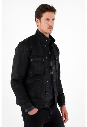 Abrigo Negro En Denim Efecto Cuero Para Hombre