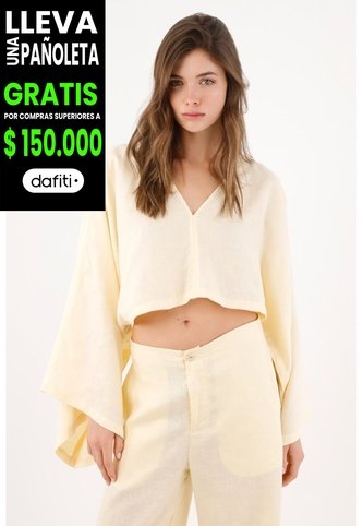 Tennis Camisa Fit Relajado Con Mangas Kimono En Lino Amarillo Pastel Para Mujer Tennis
