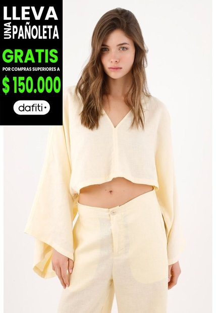 Tennis Camisa Fit Relajado Con Mangas Kimono En Lino Amarillo Pastel Para Mujer