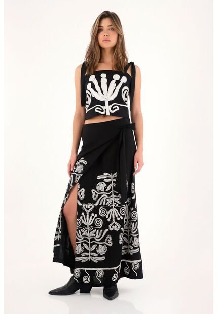 Tennis Falda Larga Negra Tipo Pareo Con Imitación Bordado Para Mujer