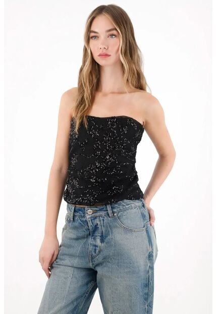 Tennis Camisa Strapless De Lentejuelas Negra Para Mujer