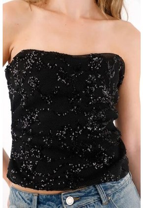 Tennis Camisa Strapless De Lentejuelas Negra Para Mujer