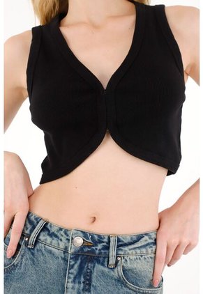 Tennis Camiseta En Rib Con Ajuste De Broches Negra Para Mujer