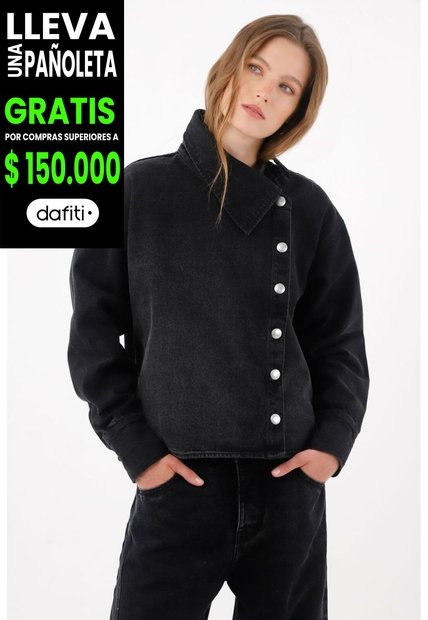 Tennis Chaqueta Boxy Con Cierre Asimétrico De Botones Metálicos En Algodón Negro Para Mujer