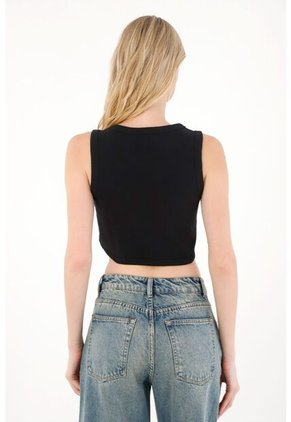 Tennis Camiseta En Rib Con Ajuste De Broches Negra Para Mujer