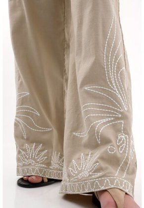 Pantalón Wide Leg Bordado Crudo Para Mujer