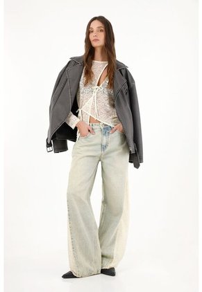 Tennis Jean Wide Leg Tiro Alto Con Encaje En Laterales Para Mujer