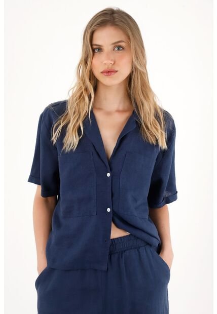 Tennis Camisa Azul En 100% Lino Manga Corta Para Mujer