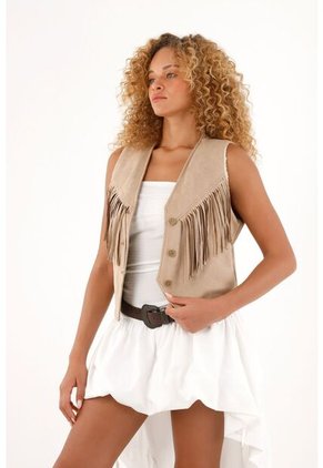 Chaleco En Suede Con Flecos Y Ovejero Para Mujer