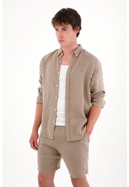 Tennis Camisa En 100% Lino Con Mini Bordado Gris Para Hombre