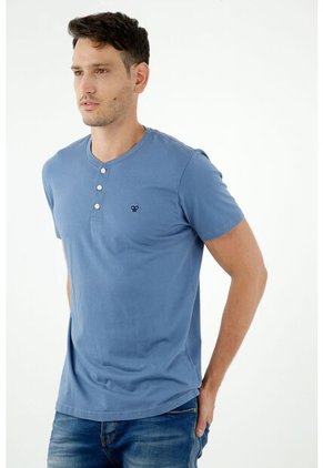 Camiseta De Hombre, Cuello Henley Manga Corta, Color Azul