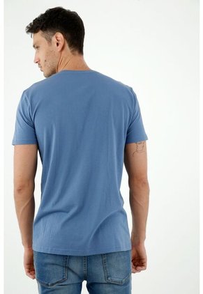 Camiseta De Hombre, Cuello Henley Manga Corta, Color Azul