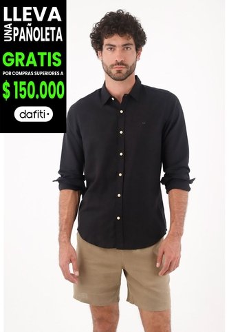 Tennis Camisa Para Hombre Lino Negro Corte Regular Con Botones Claros Tennis