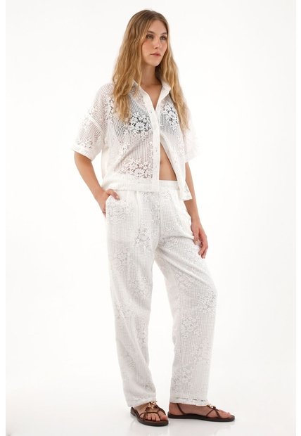 Tennis Pantalón Recto En Tela Bordada Crudo Para Mujer