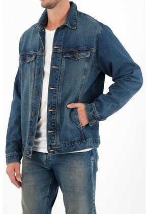 Tennis Chaqueta Denim Fit Recto Con Lavado Medio Desgastado En Algodón Azul Para Hombre