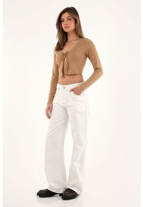 Camiseta Café Crop Abierta Con Tiras Para Anudar Para Mujer