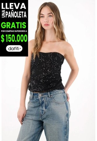 Tennis Camisa Strapless De Lentejuelas Negra Para Mujer Tennis