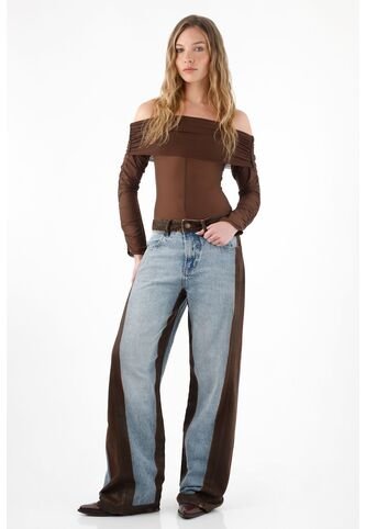 Tennis Jean Wide Leg Con Bloques En Efecto Cuero Para Mujer Tennis