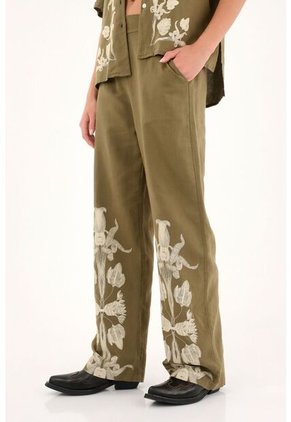 Pantalón Verde Recto Estampado En Bota Para Mujer