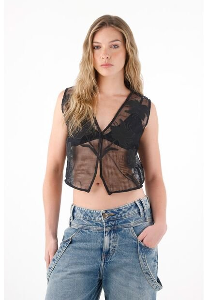 Tennis Chaleco En Malla Con Bordados Negro Para Mujer