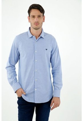 Camisa De Hombre, Silueta Clásica, Cuello Francés Manga Larga, Color Azul