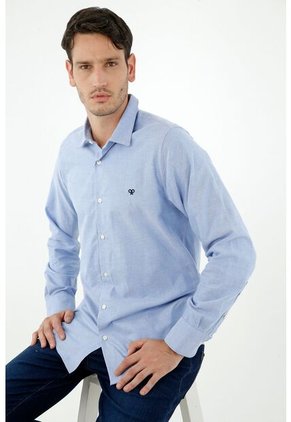 Camisa De Hombre, Silueta Clásica, Cuello Francés Manga Larga, Color Azul