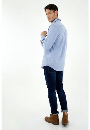 Camisa De Hombre, Silueta Clásica, Cuello Francés Manga Larga, Color Azul