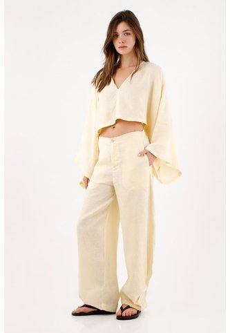 Tennis Pantalón Pierna Ancha Con Caída Fluida En Lino Amarillo Para Mujer Tennis