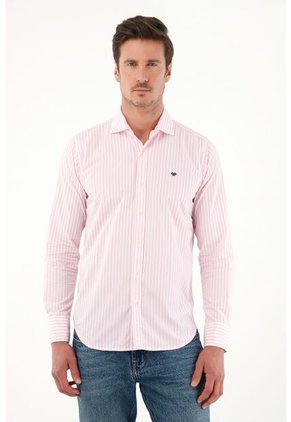 Camisa Con Diseño A Rayas Manga Larga Rosada Para Hombre
