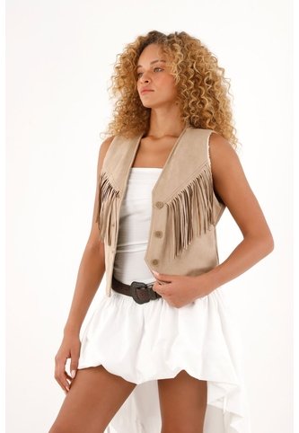 Chaleco En Suede Con Flecos Y Ovejero Para Mujer Tennis