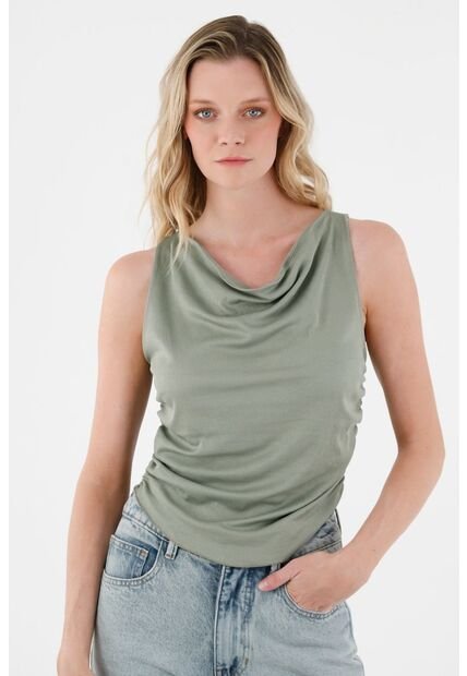 Camiseta Verde Con Recogido En Costados Para Mujer