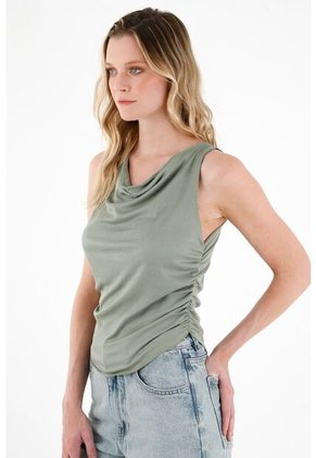 Camiseta Verde Con Recogido En Costados Para Mujer