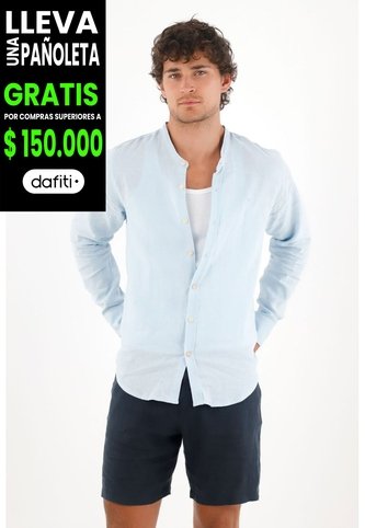 Tennis Camisa En 100% Lino Azul Con Detalle Fruncido Para Hombre Tennis