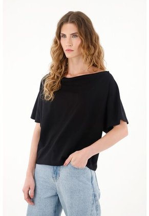 Tennis Camiseta Negra Con Escote Drapeado Para Mujer