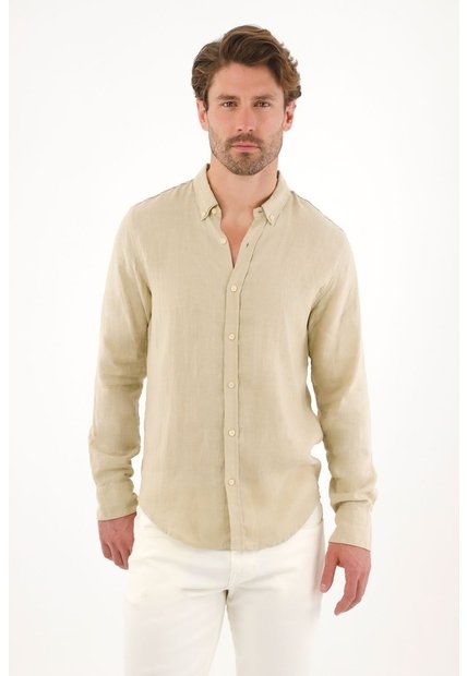 Camisa En 100% Lino Manga Larga Verde Para Hombre