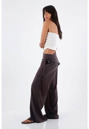 Tennis Pantalón Para Mujer De Tejido Fluido Marrón Palazzo Con Cintura Cruzada