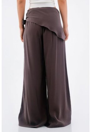 Tennis Pantalón Para Mujer De Tejido Fluido Marrón Palazzo Con Cintura Cruzada