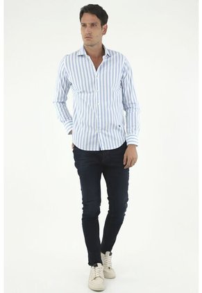 Camisa De Rayas Azules Para Hombre