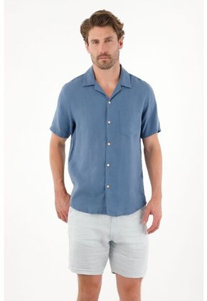 Tennis Camisa Manga Corta En 100% Lino Azul Para Hombre