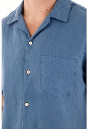 Tennis Camisa Manga Corta En 100% Lino Azul Para Hombre