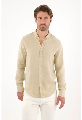Camisa En 100% Lino Manga Larga Verde Para Hombre