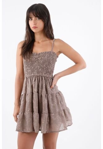 Tennis Vestido Corto Para Mujer En Poliéster Taupe Fit Evasé Con Cuerpo Fruncido Tennis