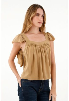 Camisa Café De Escote Recto En Chalis Para Mujer