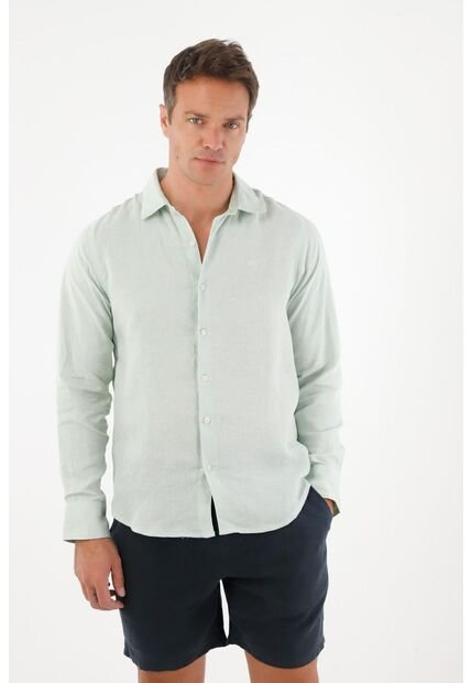 Tennis Camisa En 100% Lino Manga Larga Verde Para Hombre