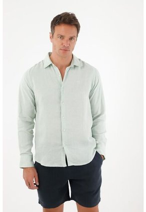 Tennis Camisa En 100% Lino Manga Larga Verde Para Hombre