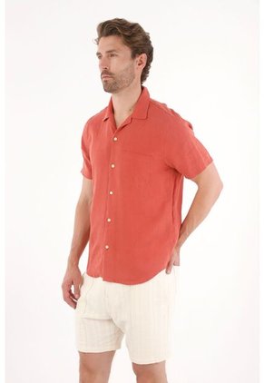 Tennis Camisa Manga Corta En 100% Lino Naranja Para Hombre