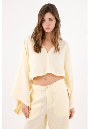Tennis Camisa Fit Relajado Con Mangas Kimono En Lino Amarillo Pastel Para Mujer